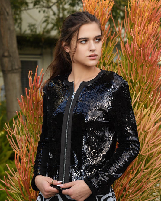 Black Sequin Silver Zipper Jacket